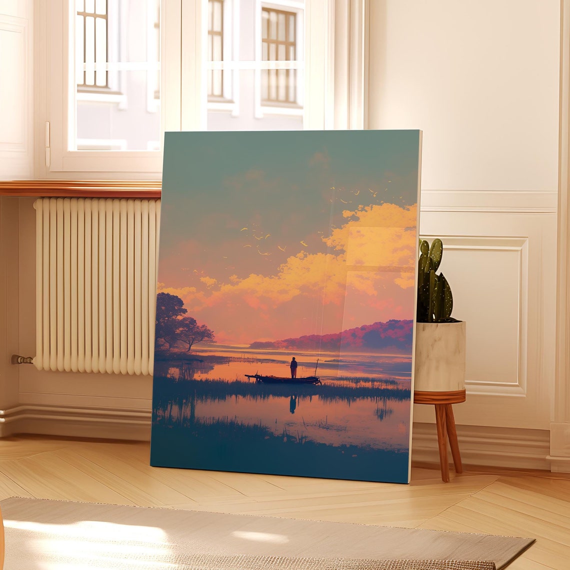 Lone Fisherman Sunset Lake Boat Reflection Orange Sky Poster