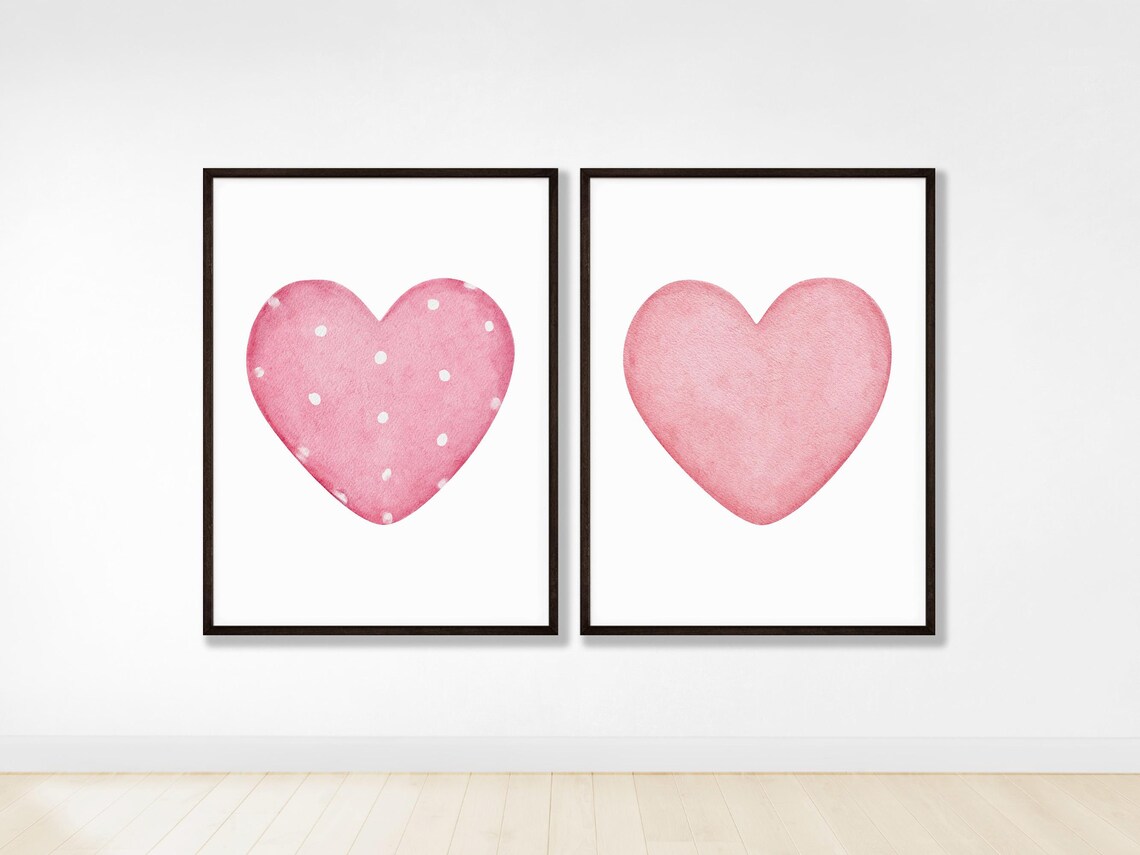 Pink Watercolor Hearts Pair Romantic Nursery Girls Room Wall Art
