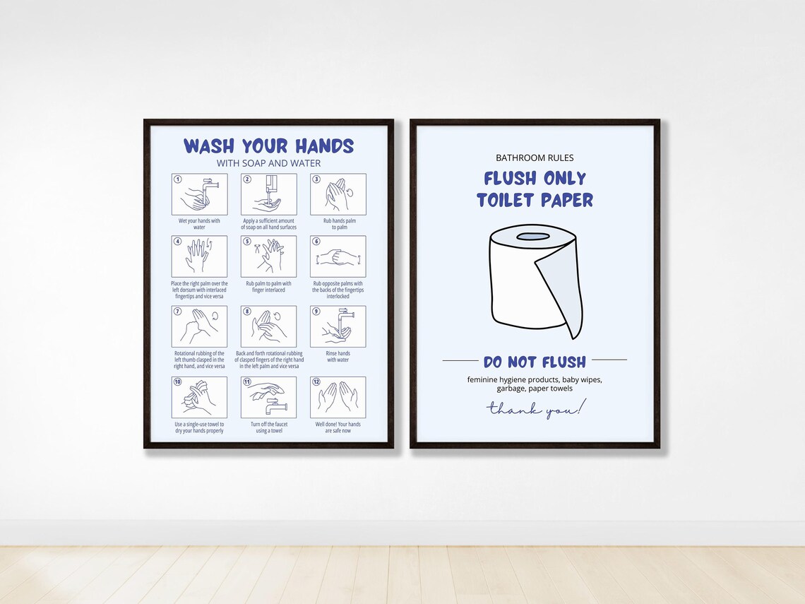 Bathroom Rules Set Of 2 Handwashing Guide Flush Only Toilet Paper Poster