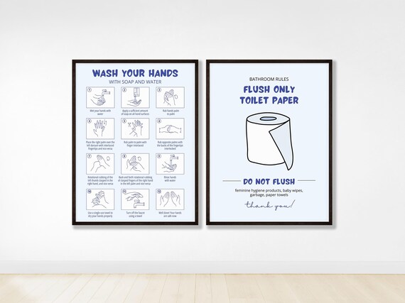 Bathroom Rules Set Of 2 Handwashing Guide Flush Only Toilet Paper Poster