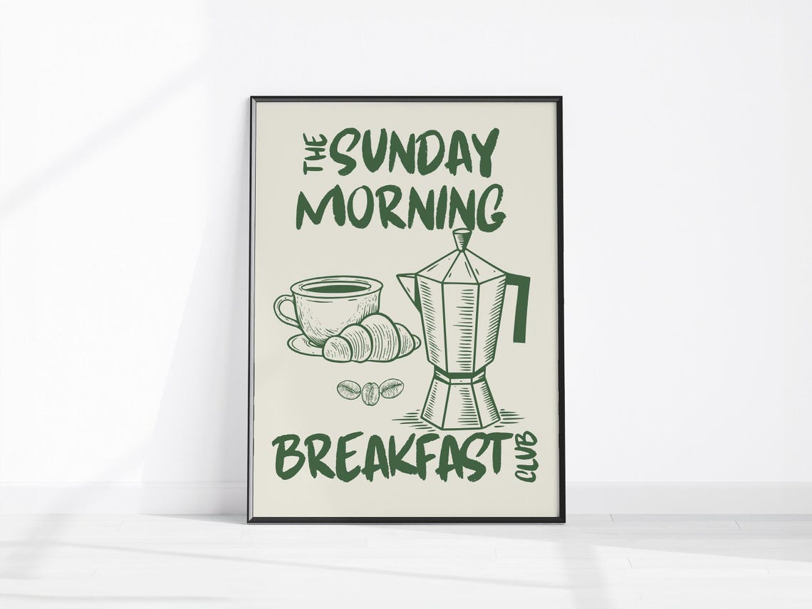Sunday Morning Breakfast Club Moka Pot Coffee Croissant Kitchen Poster