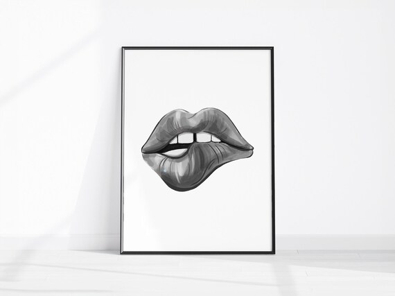 Monochrome Illustrated Biting Lips Trendy Black White Fashion Poster