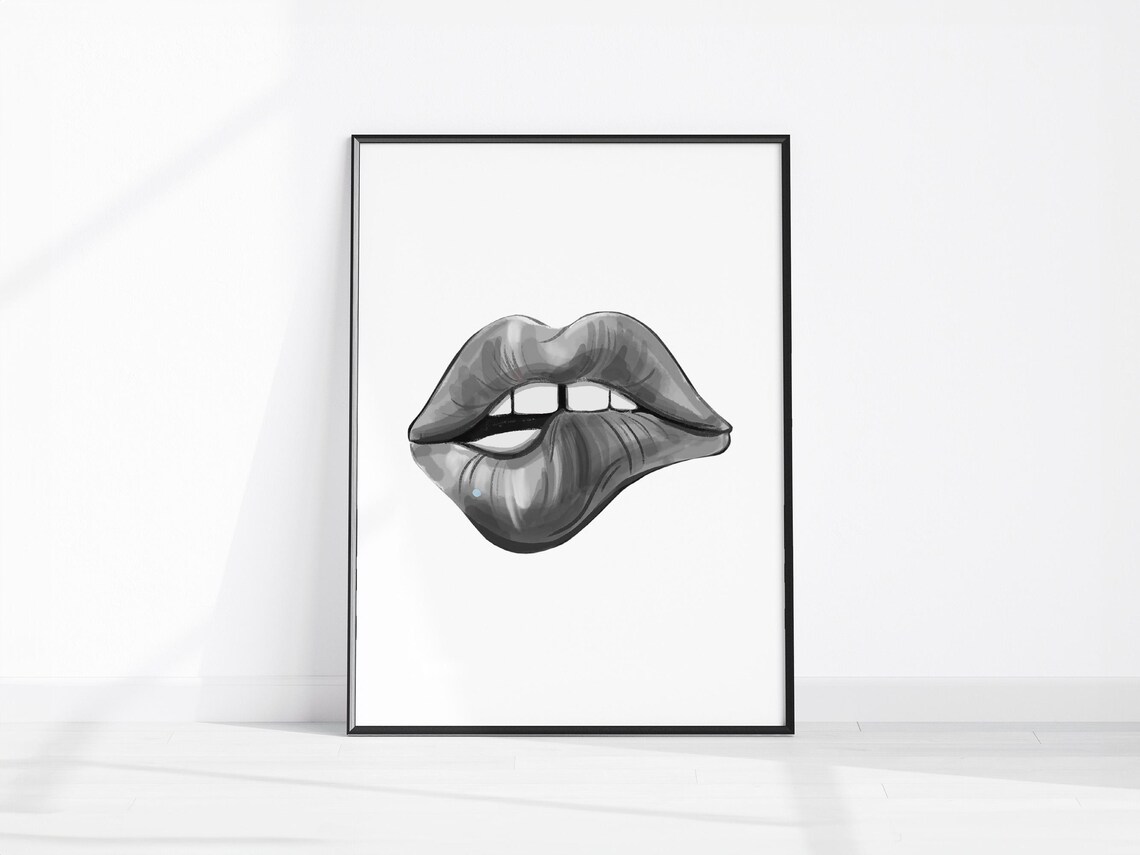 Monochrome Illustrated Biting Lips Trendy Black White Fashion Poster