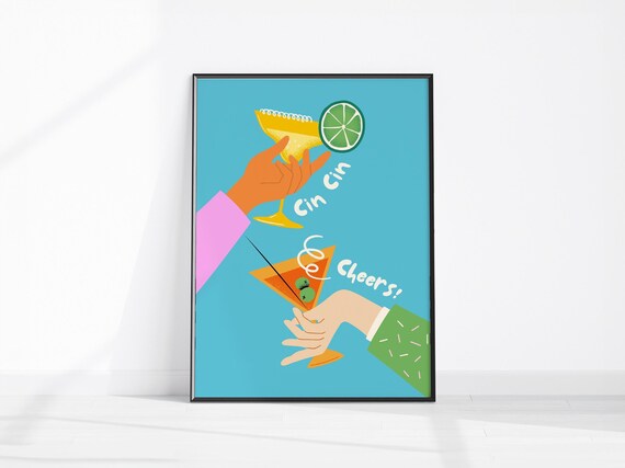 Cin Cin Cheers Cocktail Glasses Toast Retro Kitchen Bar Cart Poster