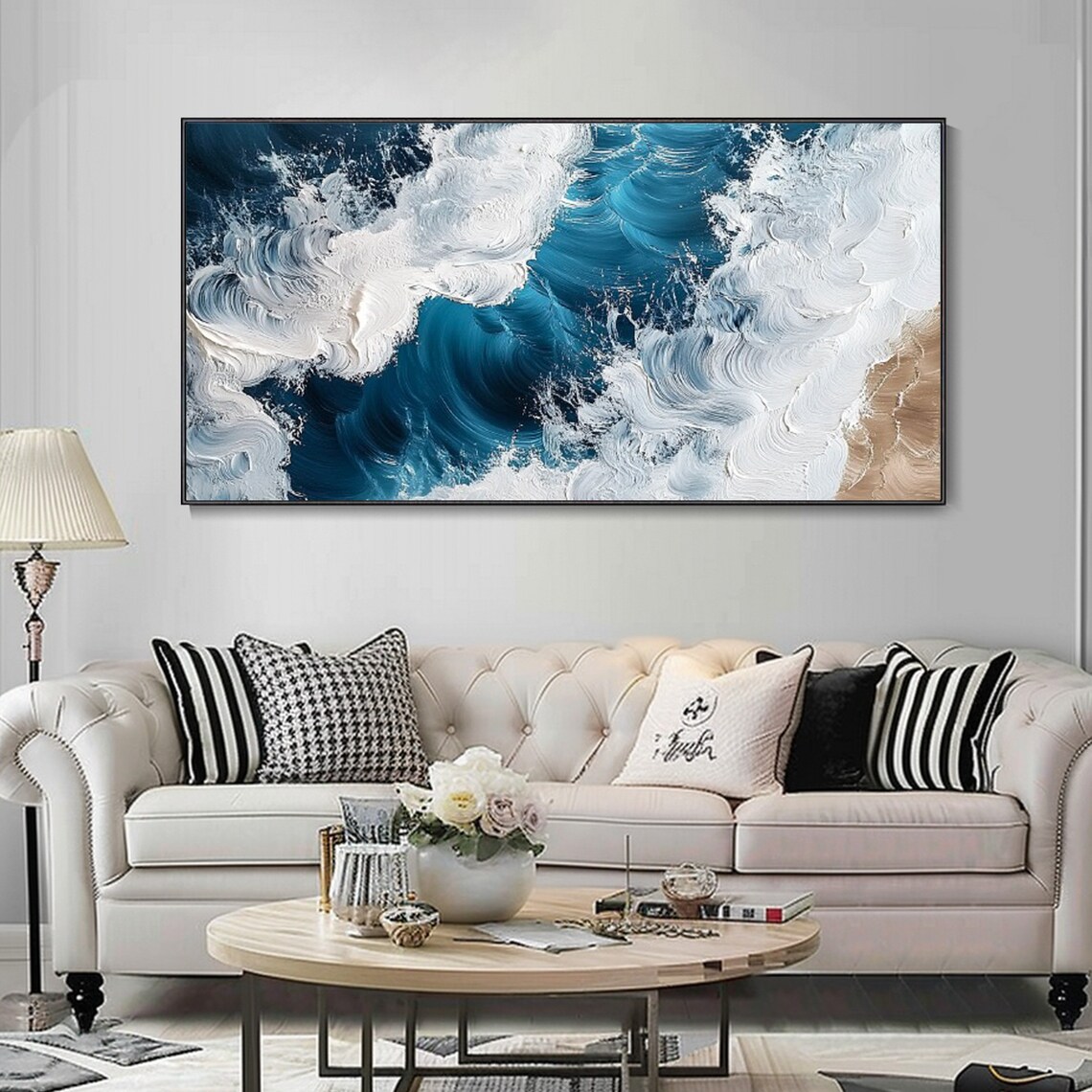 Aerial Ocean Waves Crashing Blue Sea White Foam 3D Textured Art Wall Poster - Image 3