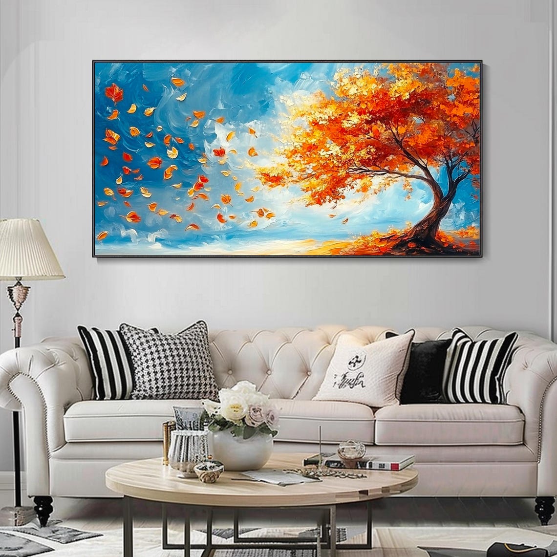 Autumn Orange Tree With Falling Leaves Blue Sky Painting Poster - Image 3