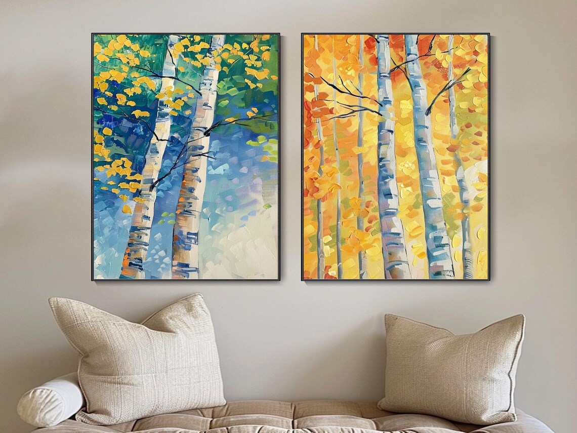 Birch Forest Abstract Oil Painting, Landscape Art Print