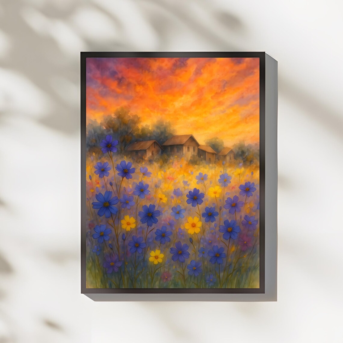 Wildflower Meadow Farm At Sunset Rustic Countryside Landscape Poster