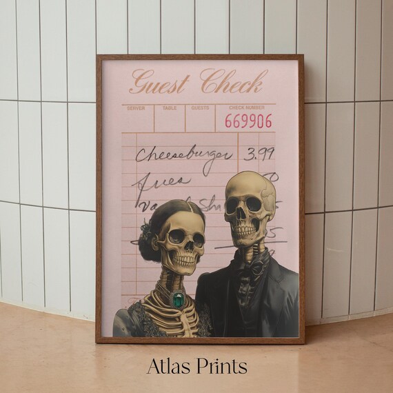 Spooky Skeleton Couple Vintage Guest Check Pink Halloween Dinner Poster