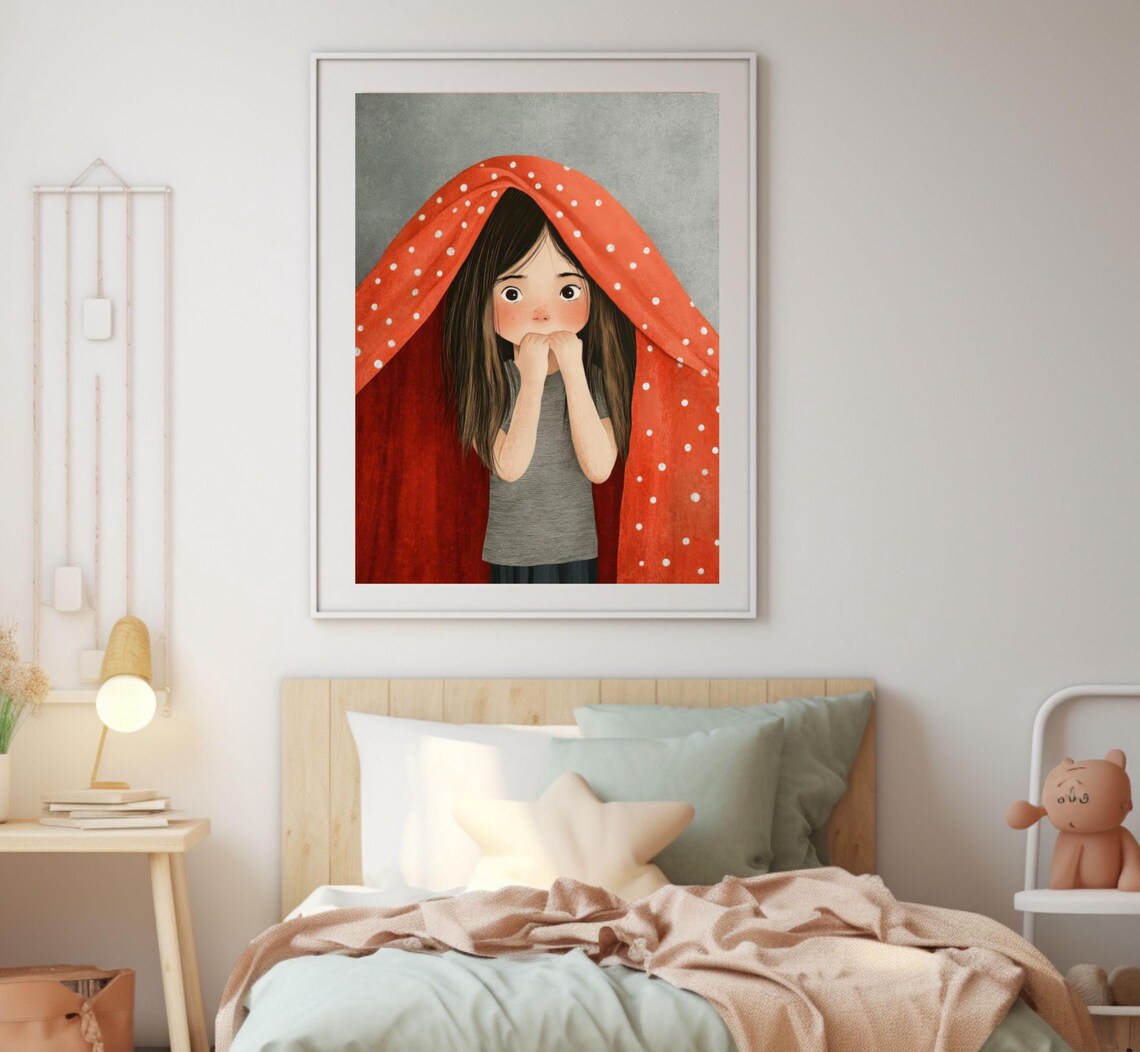 Little Girl Hiding Under Red Polka Dot Blanket Kids Art Poster