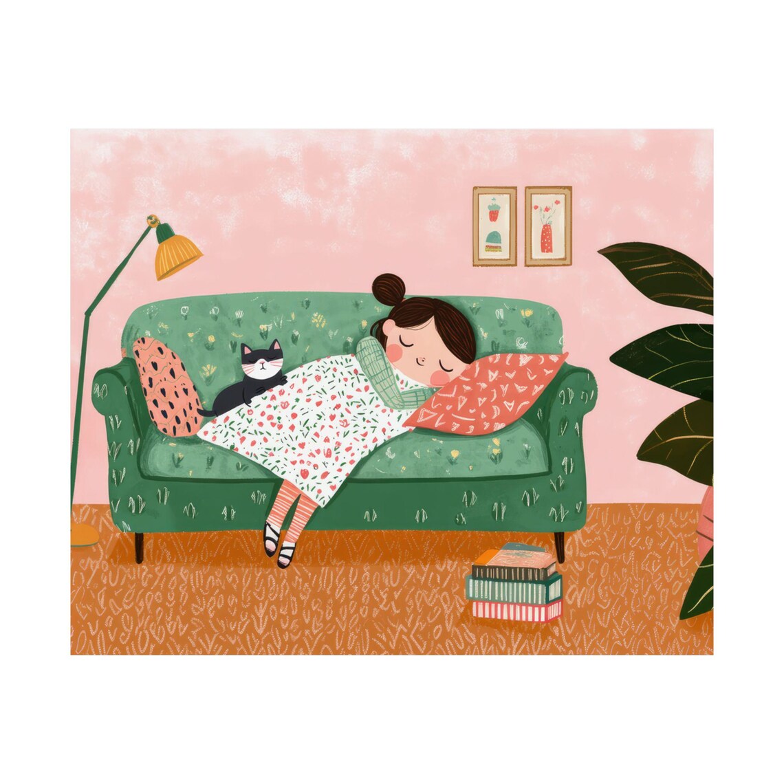 Sleeping Girl With Black Cat on Green Sofa Cozy Illustration Poster - Image 4