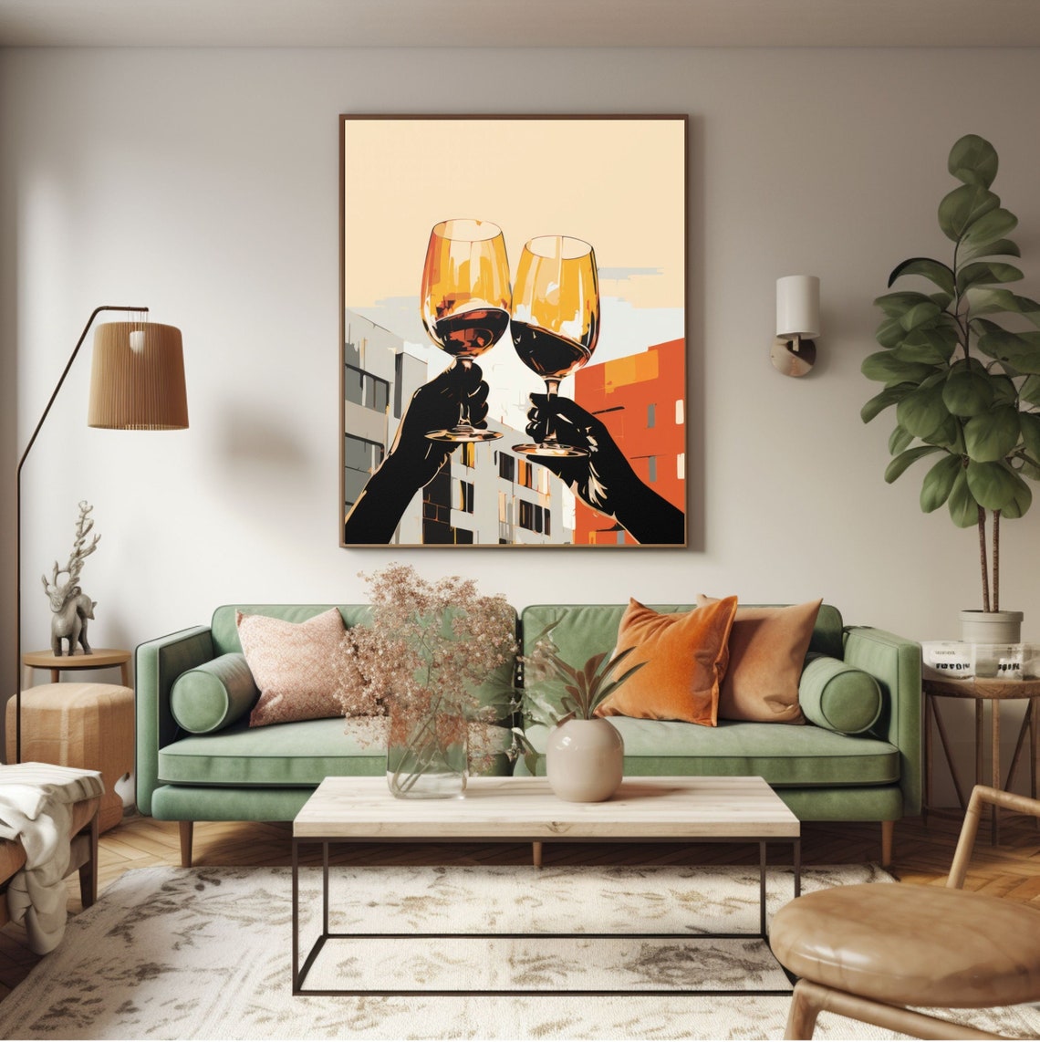 Cheers Toasting Wine Glasses Poster Warm Modern Orange Decor Art