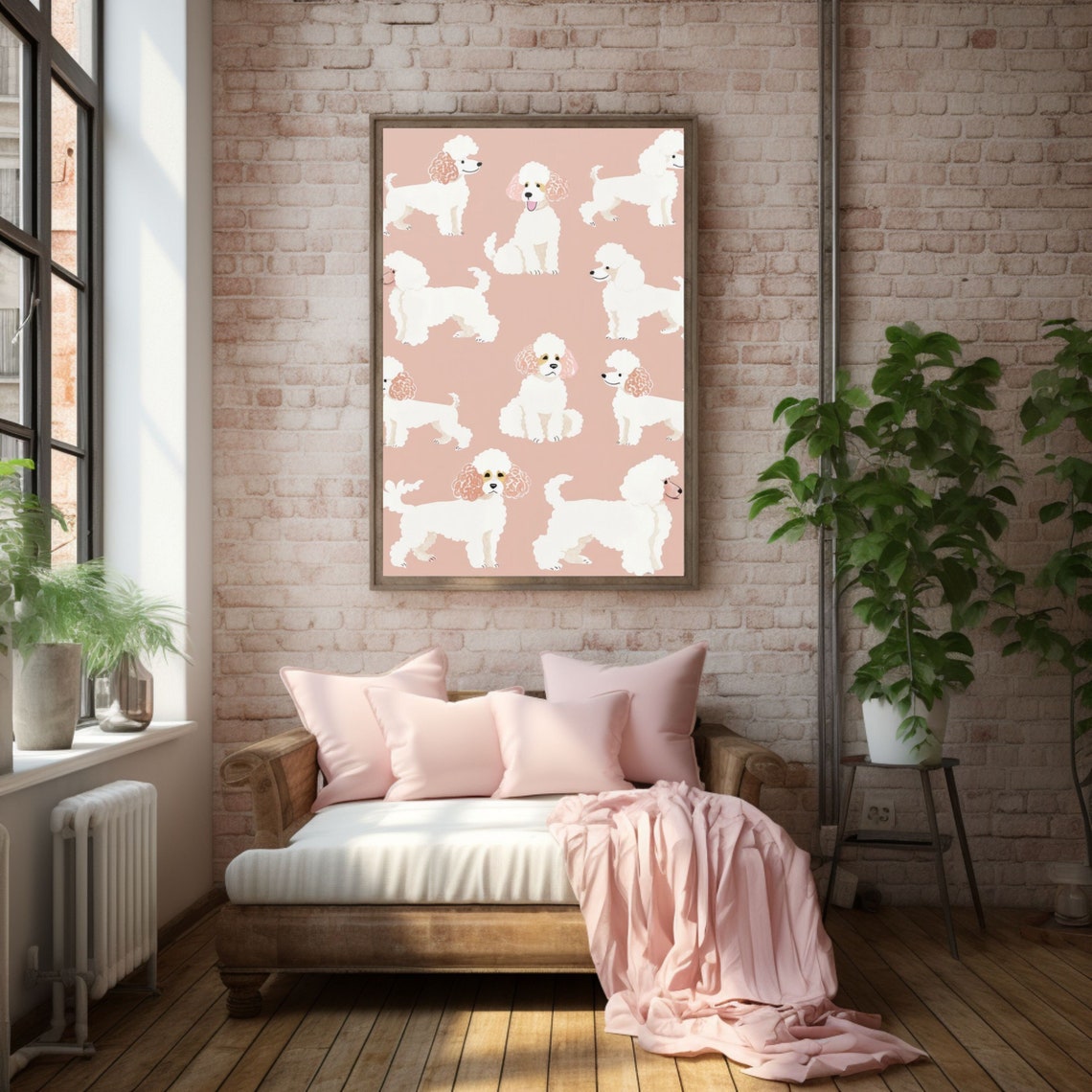 White Poodle Pattern Pink Background Cute Dog Lover Art Poster