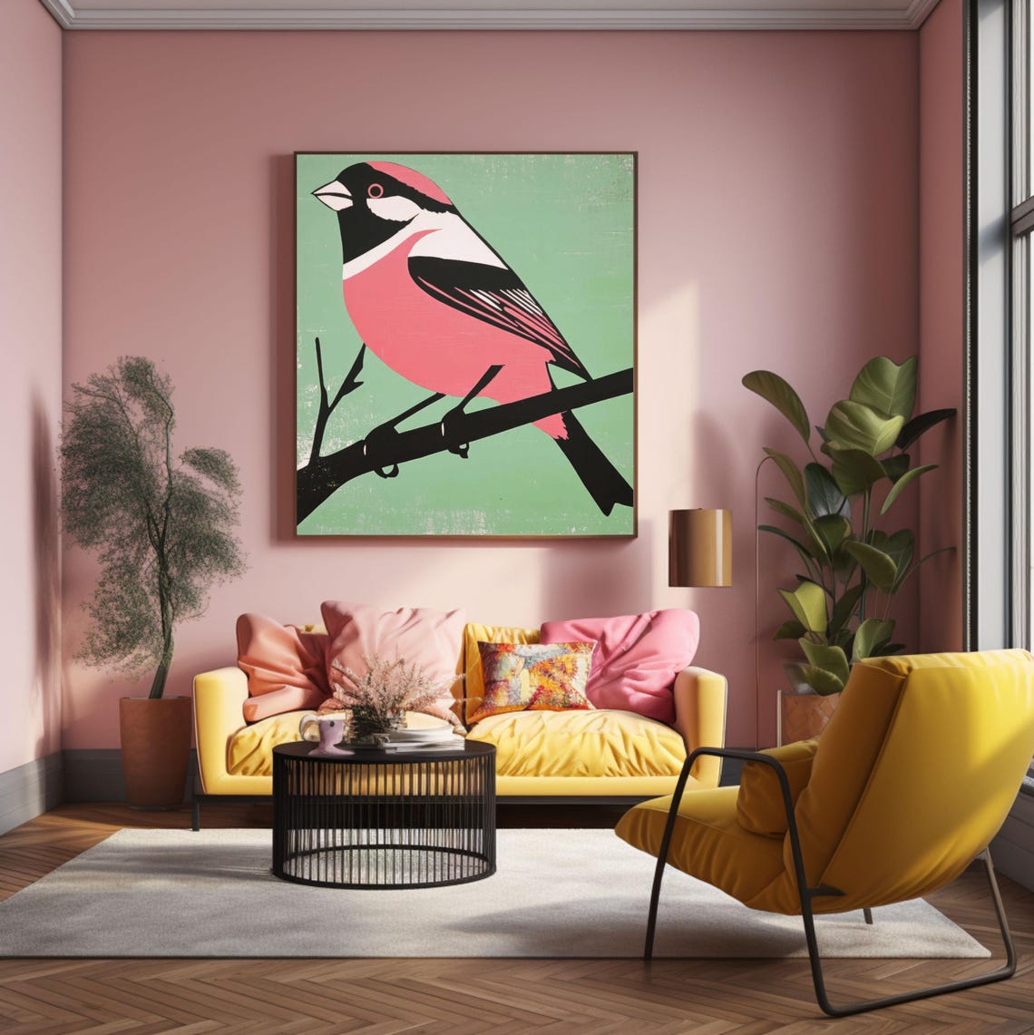 Pink and Black Songbird on Mint Green Modern Bird Illustration Poster