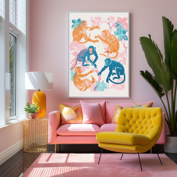 Playful Monkeys Among Tropical Foliage Colorful Modern Art Poster
