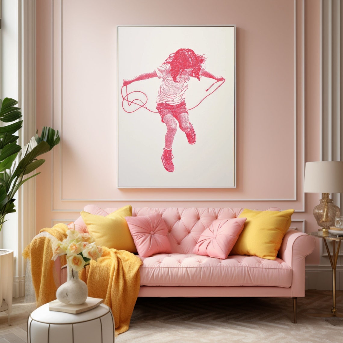 Playful Girl Jumping Rope Mid-Air in Vivid Magenta Graphic Poster