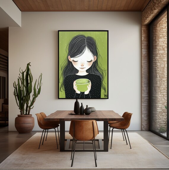 Matcha Wall Art Girl With Matcha Cup Original Drawing Reproduction Print Green Wall Art Matcha Print