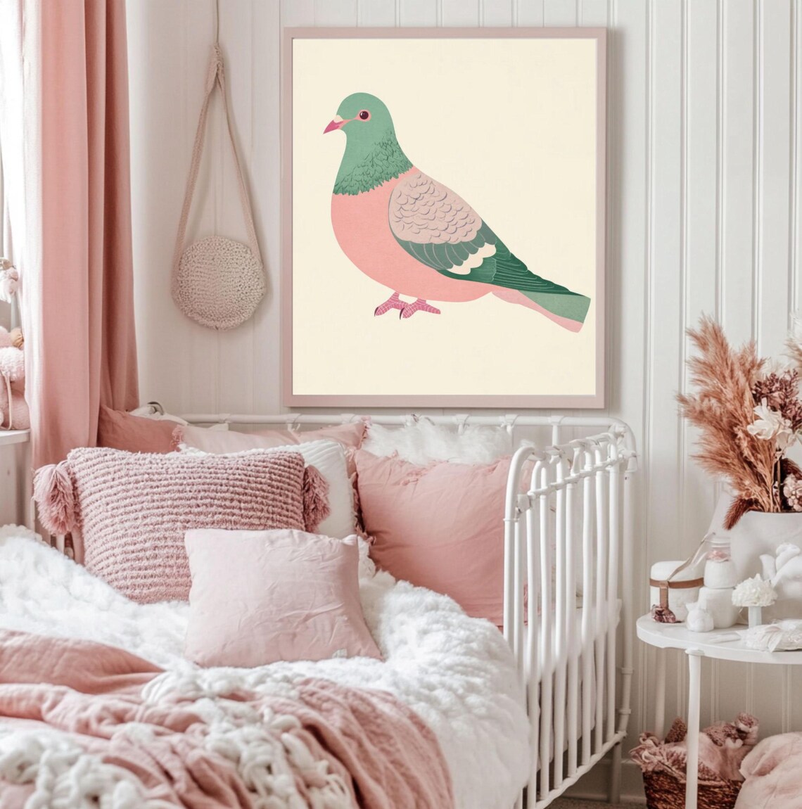 Charming Pastel Pink and Green Pigeon Illustration Vintage Bird Poster