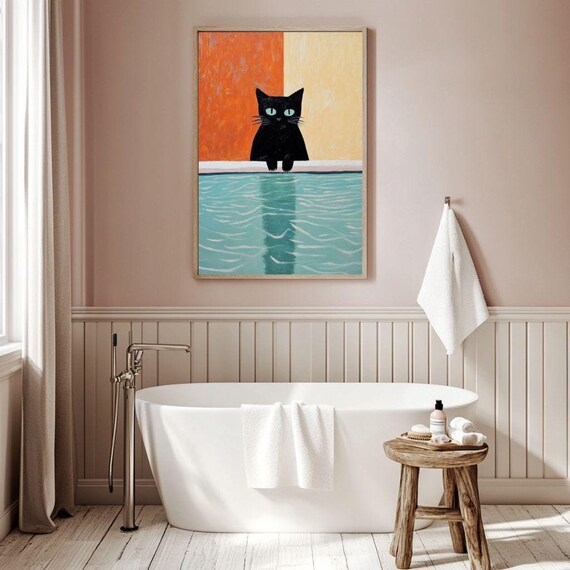 Black Cat at Pool Edge Turquoise Water Modern Art View Poster