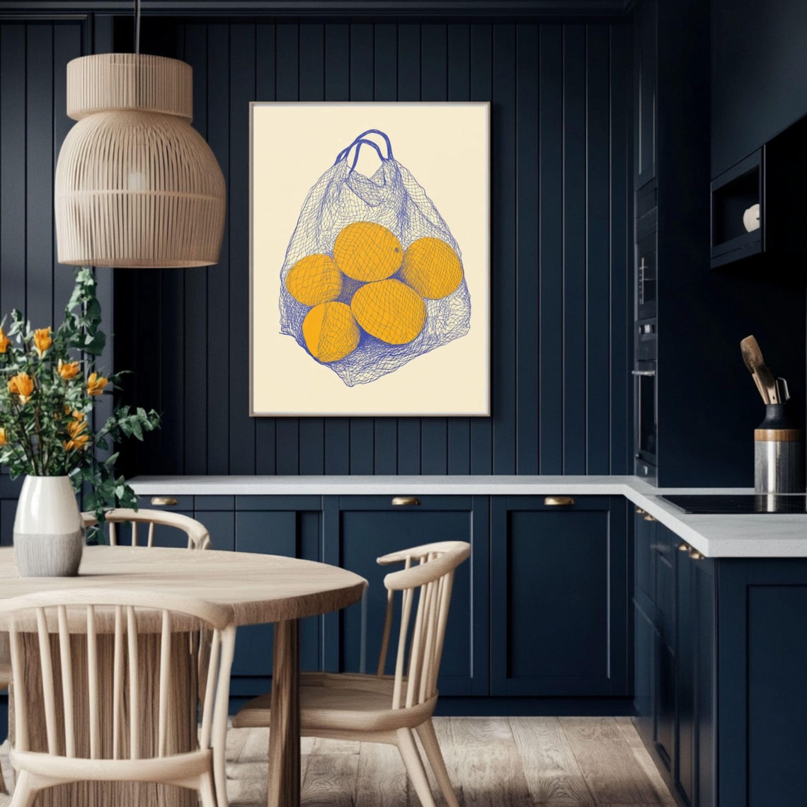 Lemons In A Blue Mesh Bag Minimalist Kitchen Line Art Poster