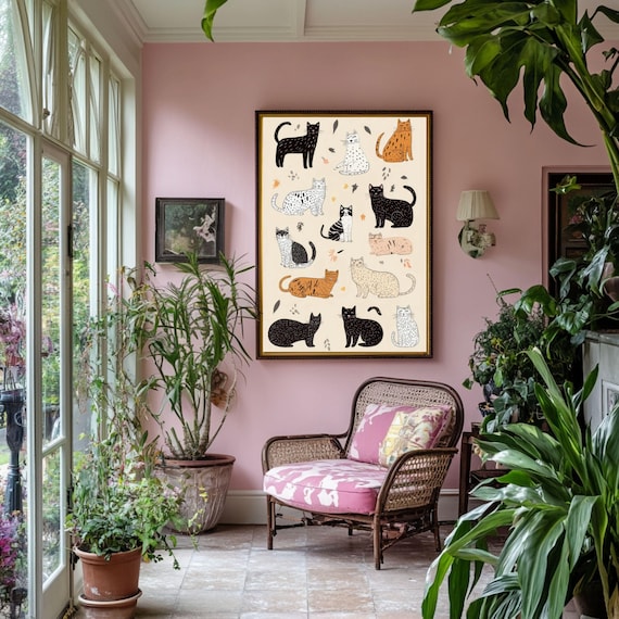 Whimsical Illustrated Cats Chart Doodle Style Cat Lovers Poster