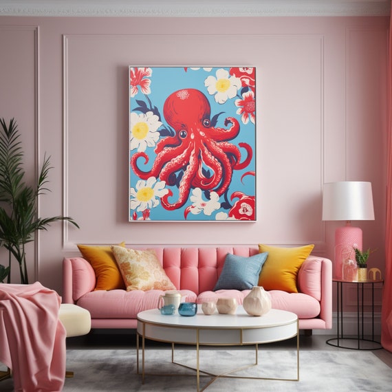 Octopus Wall Art Pink Octopus And Flowers Retro Wall Art Octopus Poster