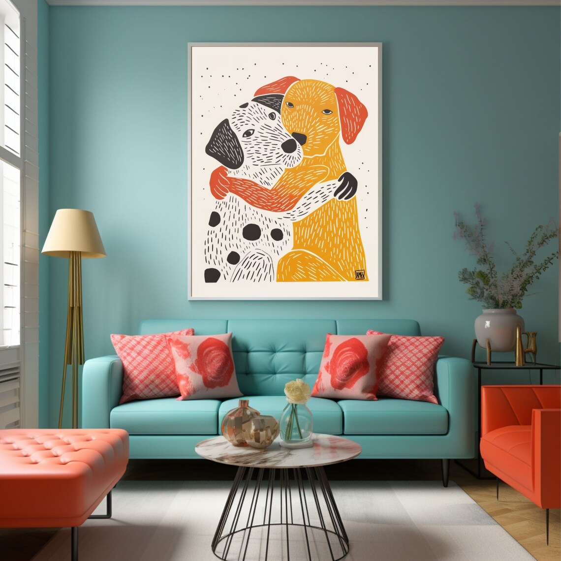 Best Friends Dogs Hugging Linocut Art Poster by Anastasia Ames