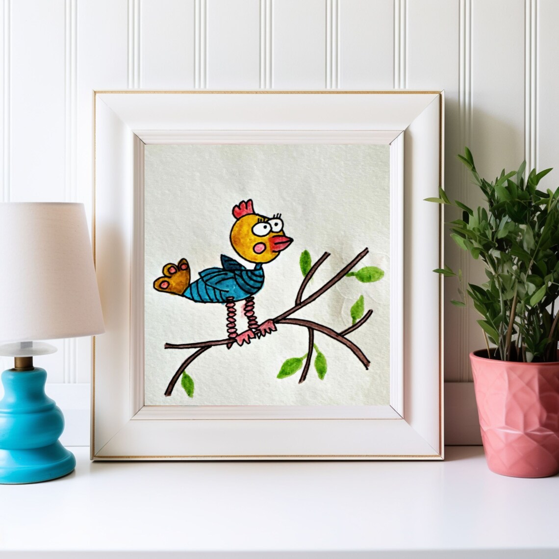 Cute Hand Drawn Cartoon Bird on a Branch Kids Illustration Art Poster