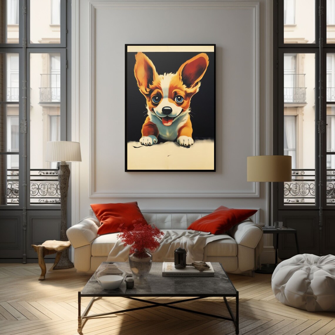 Cute Corgi Puppy Big Eyes Vintage Retro Style Happy Dog Art Poster