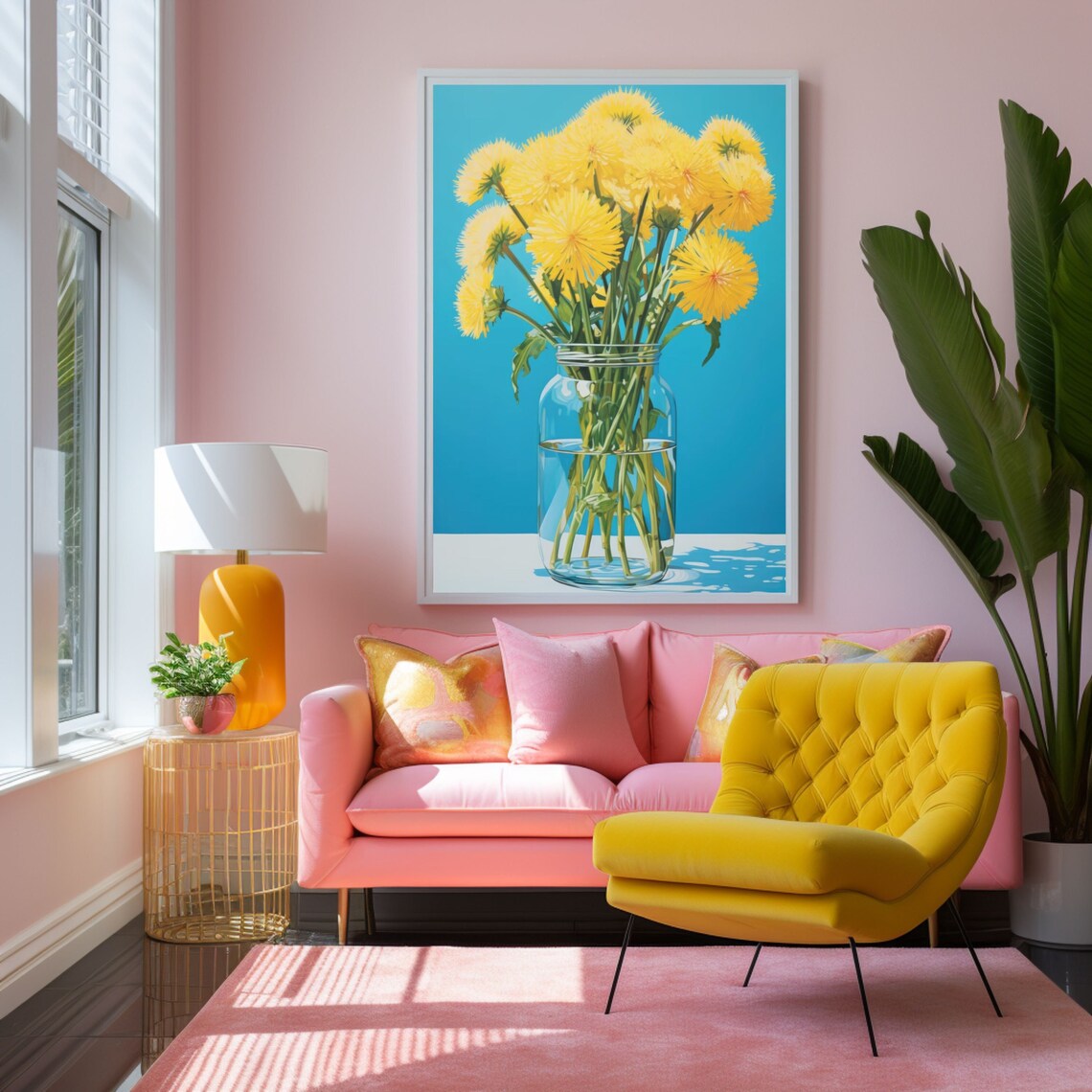 Dandelions In A Vase Art Print, Yellow Botanical