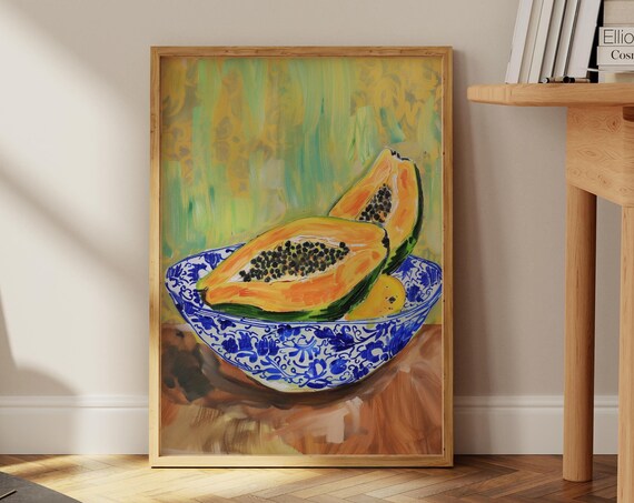 Papaya Halves in Blue Patterned Bowl Tropical Fruit Still Life Poster