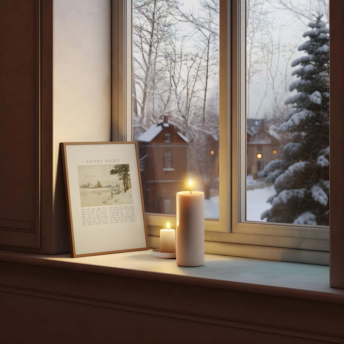 Silent Night Christmas Hymn Snowy Village Winter Watercolor Poster - Image 3