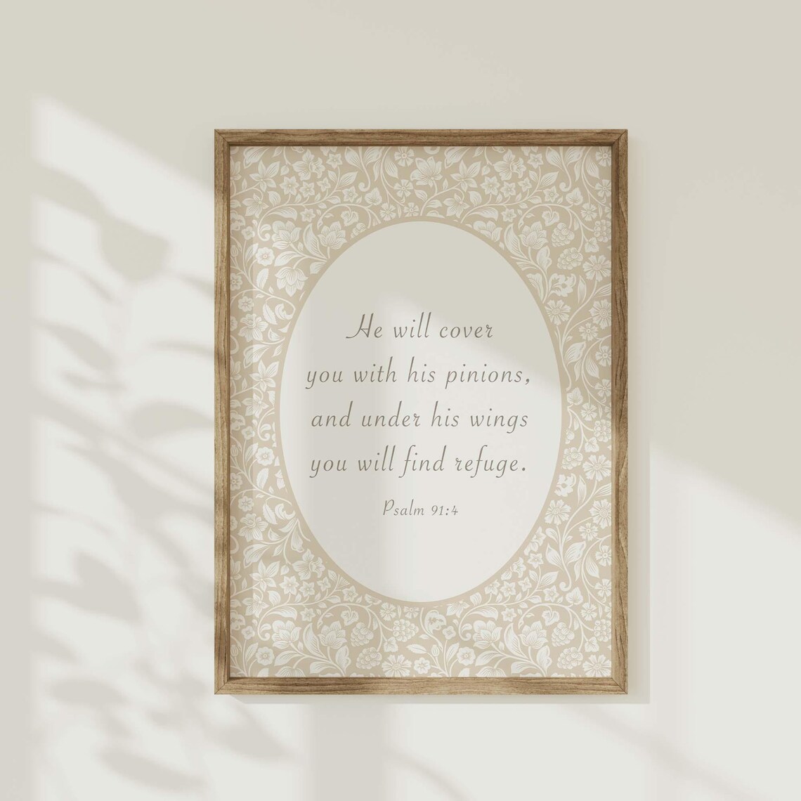 Psalm 91:4 Under His Wings Refuge Beige Floral Damask Nursery Poster