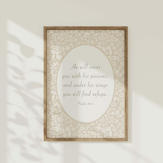 Psalm 91:4 Under His Wings Refuge Beige Floral Damask Nursery Poster
