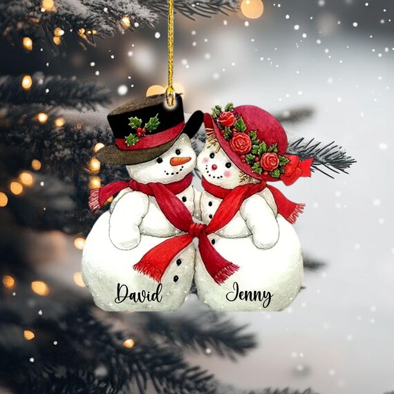 Personalized Snowman Couple Christmas Ornament Holiday Gift Wall Art Design