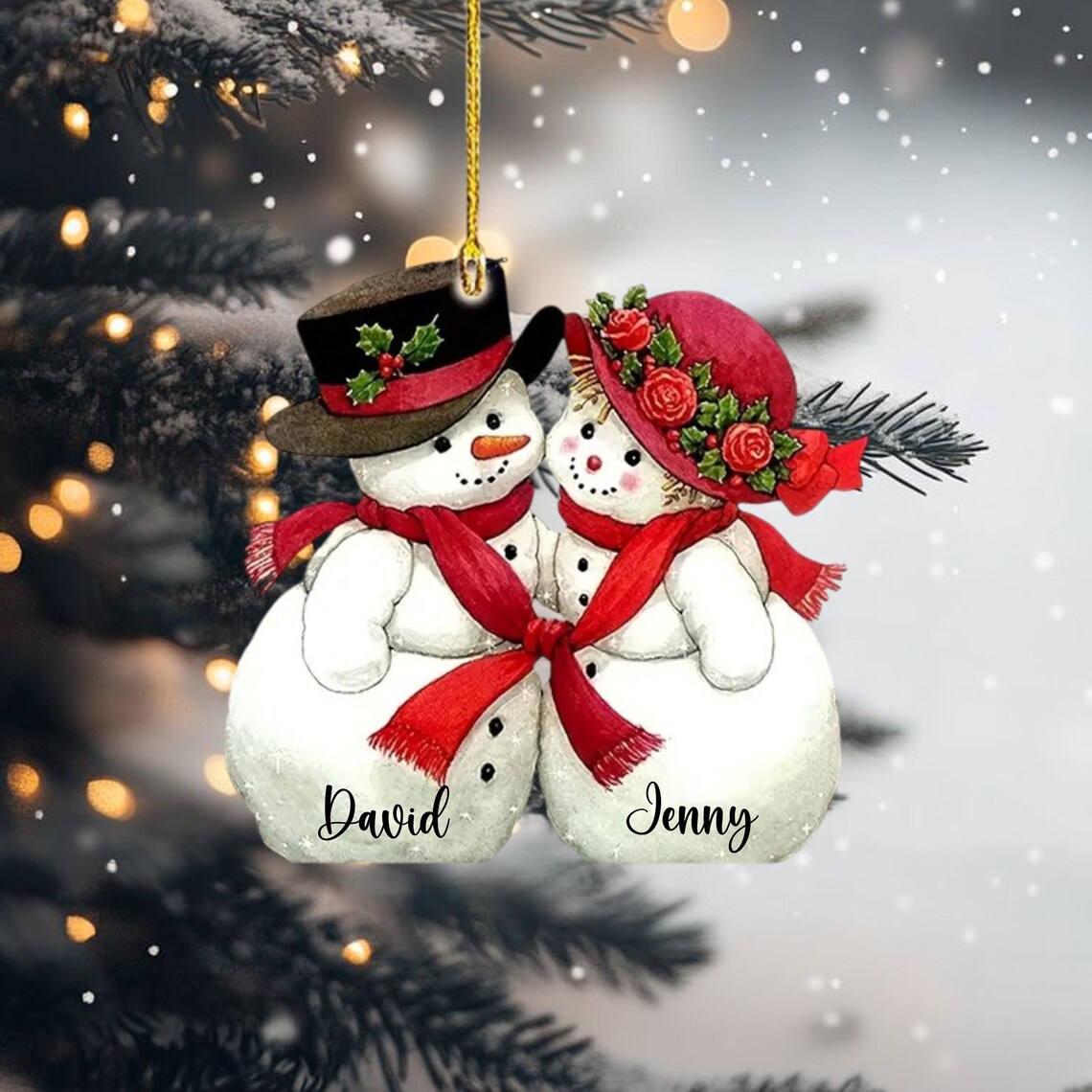 Personalized Snowman Couple Christmas Ornament Holiday Gift Wall Art Design