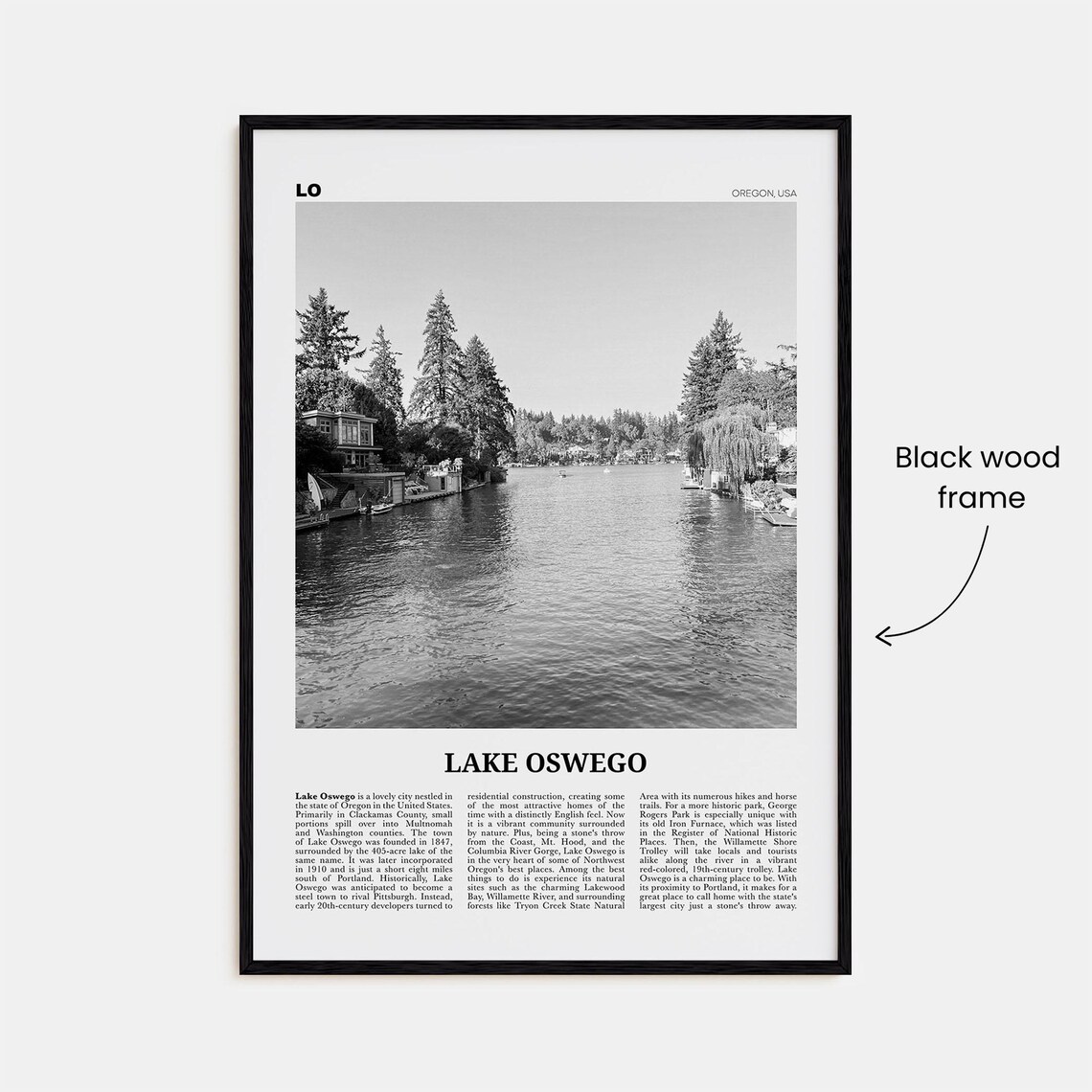Lake Oswego Black and White Travel Poster, Oregon - Image 3