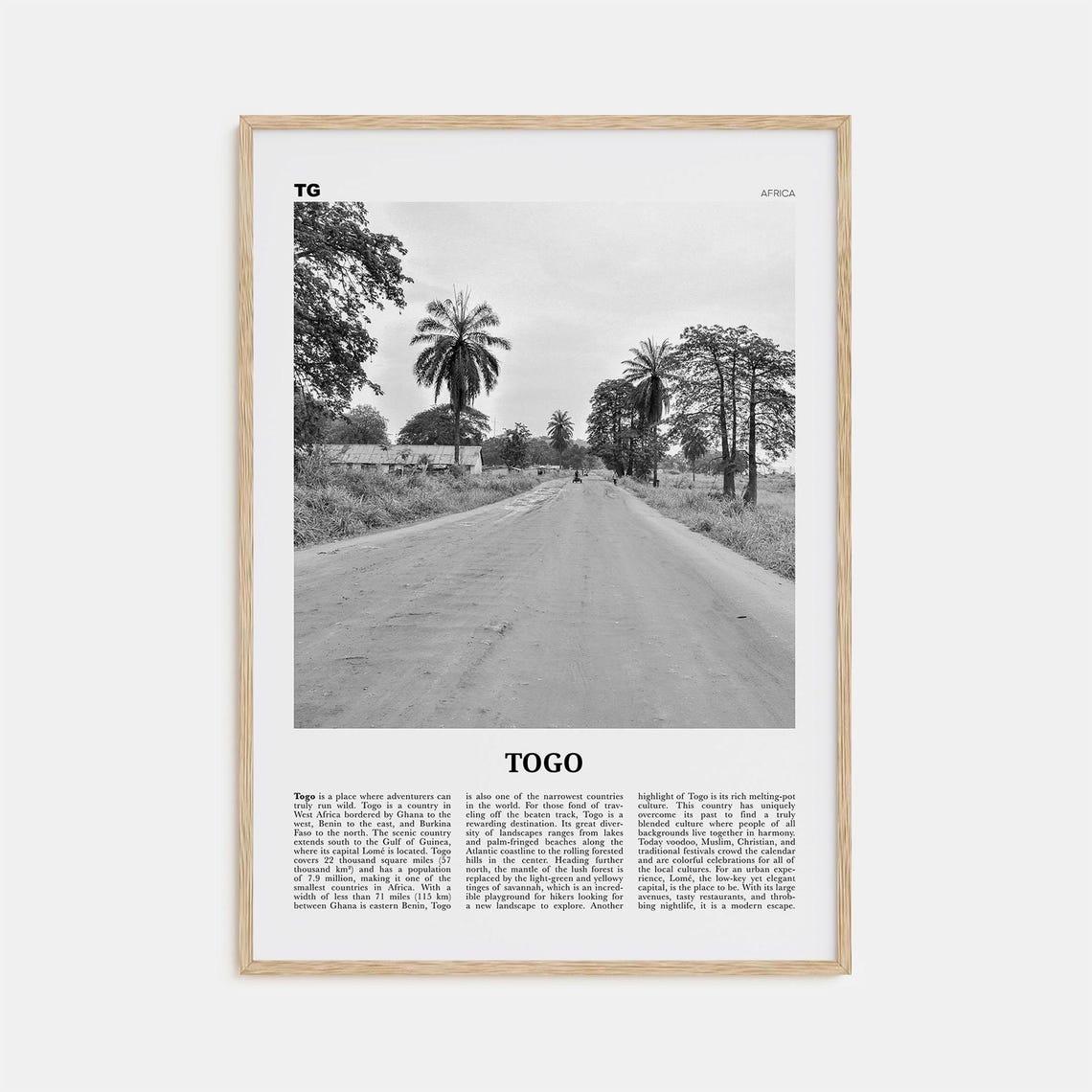 Togo Black and White Map Art Print, Lomé Africa