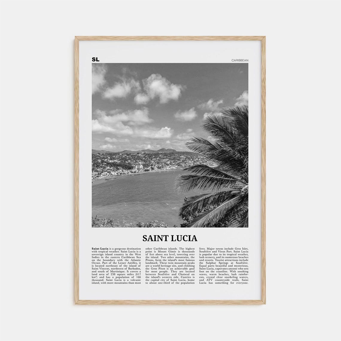 Saint Lucia Black and White Travel Poster, Caribbean