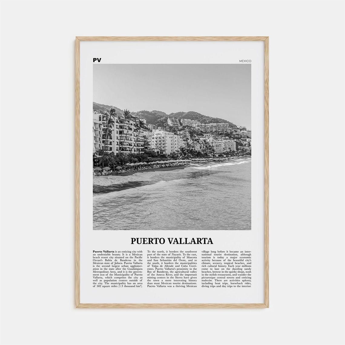 Black and White Puerto Vallarta Travel Poster, Mexico