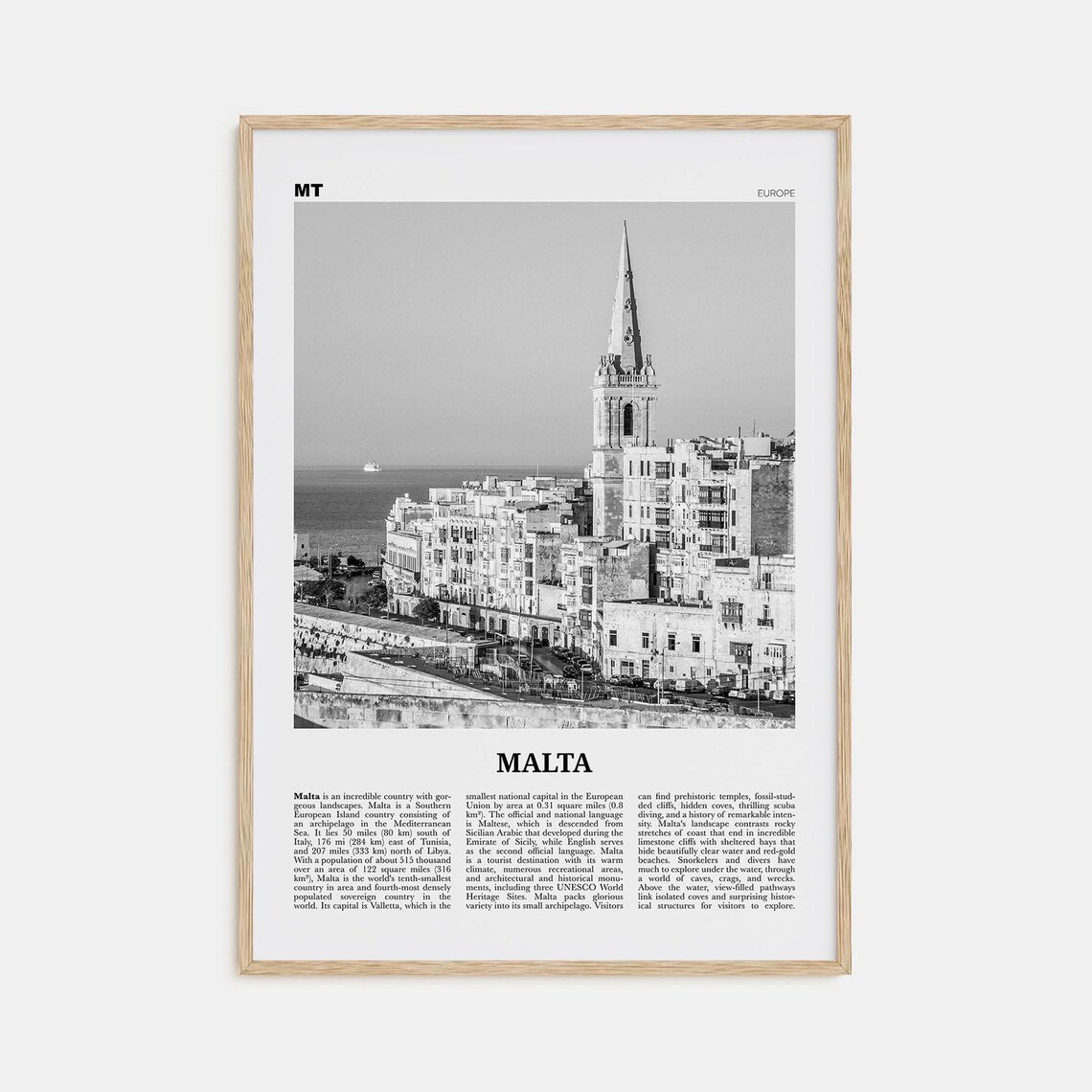 Malta Black and White Travel Poster, Valletta Europe