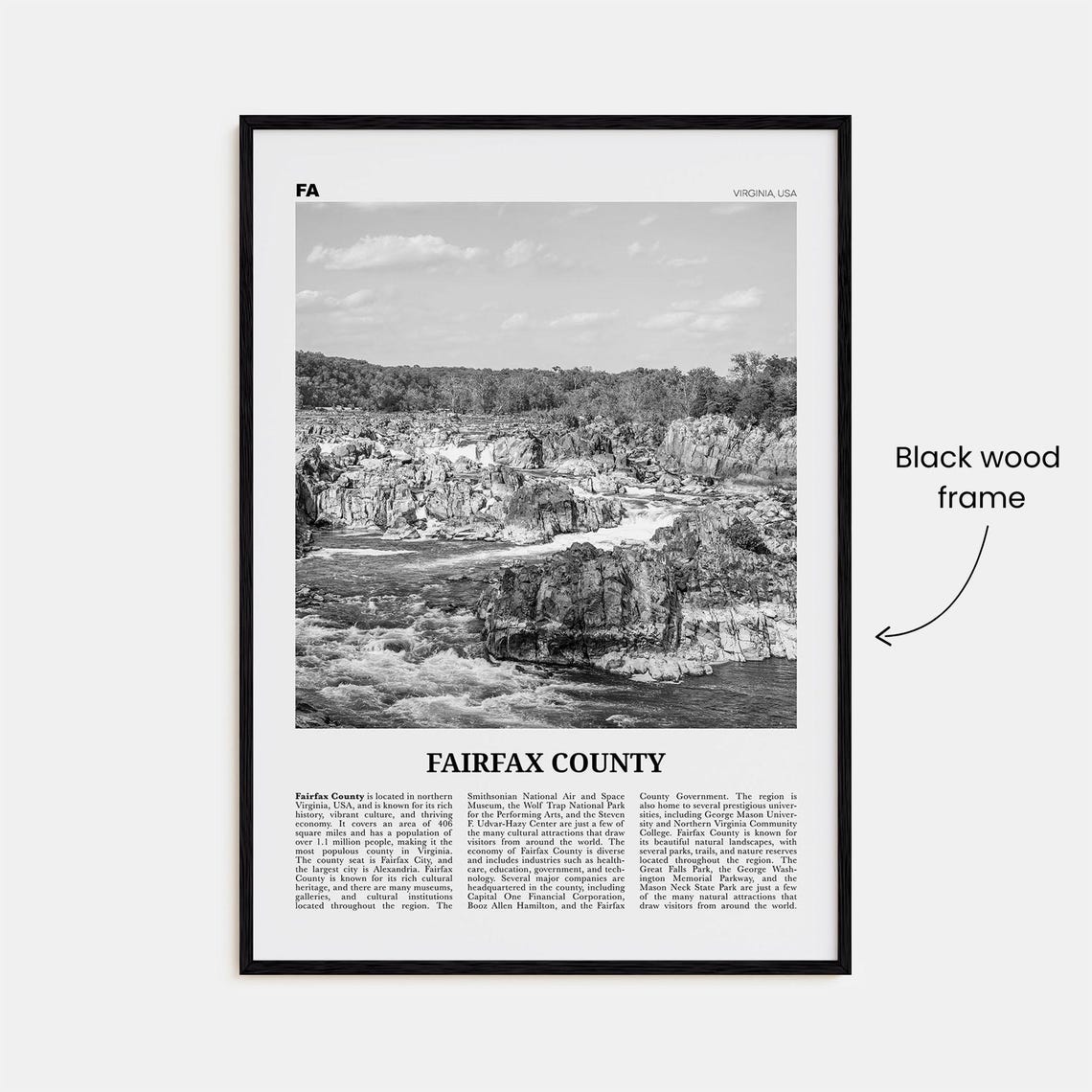 Fairfax County Black-and-White Wall Map Art Print - Image 3