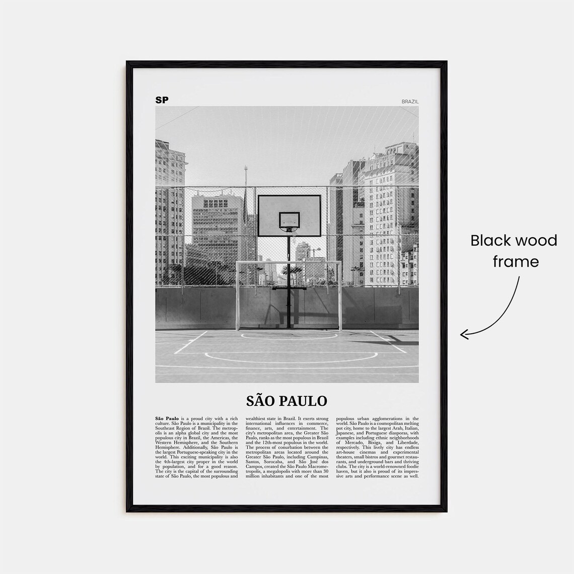 Sao Paulo Rooftop Basketball Court Downtown Black and White Poster - Image 3
