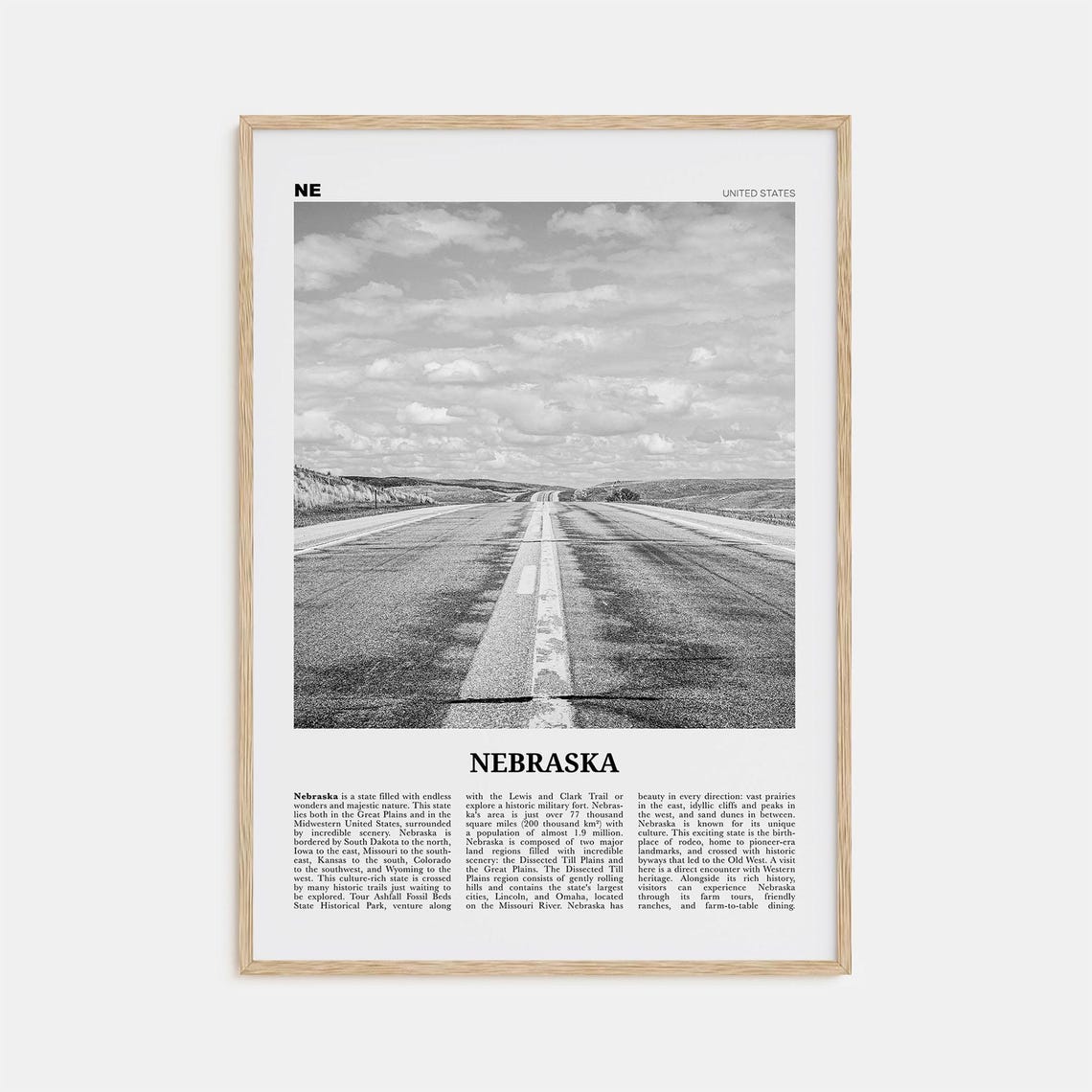 Nebraska Black and White Travel Poster, Wall Art Print