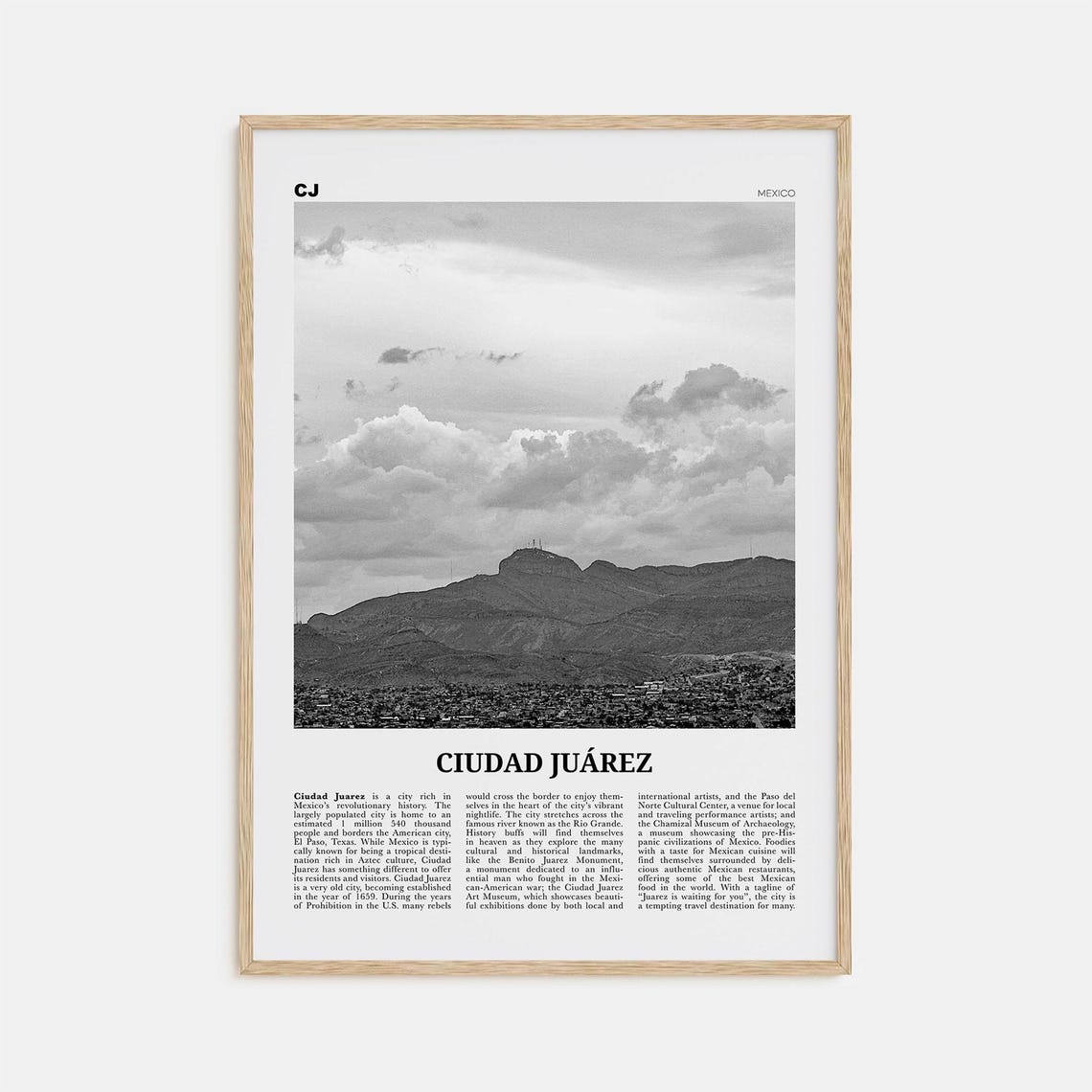 Ciudad Juarez Black and White Travel Poster, Mexico