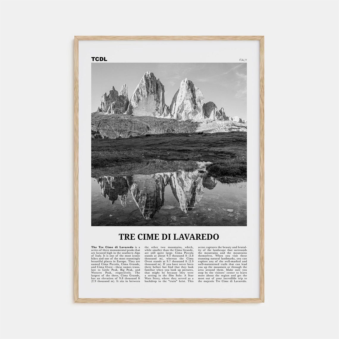 Tre Cime Di Lavaredo Black And White Travel Poster