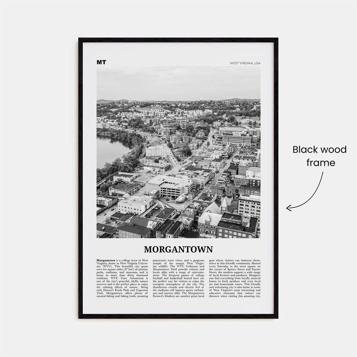 Morgantown Black and White Map Art Print, West Virginia - Image 3