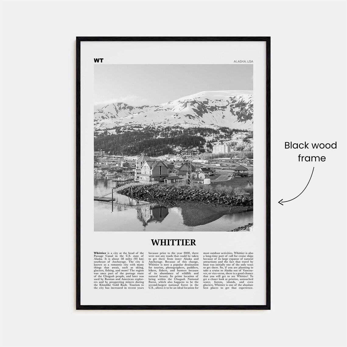 Whittier, Alaska Black and White Travel Poster - Image 3