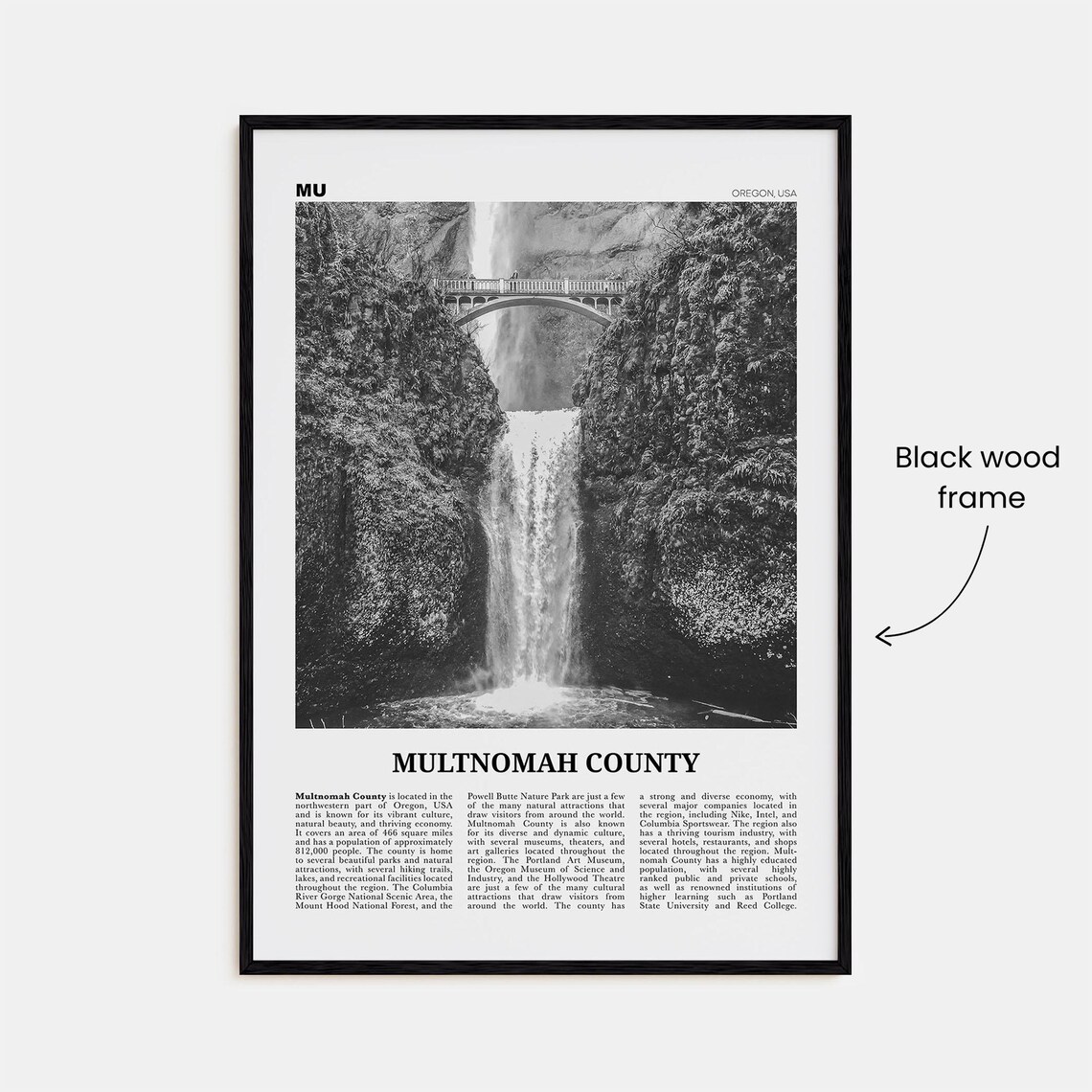 Multnomah County Travel Poster, Black And White Map - Image 3