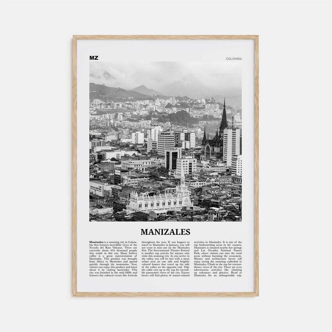 Manizales Black and White Map Art Print, Colombia